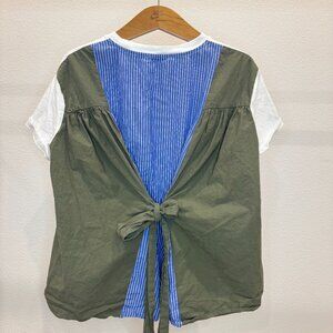 Zara Mixed Media Two-Tone White & Olive Bow Back Top | Small